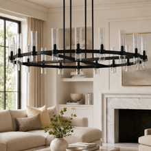 Ravello Round Glass Cylinder Chandelier in Bronze, Clear, 60", Main Light Off