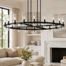 Ravello Round Glass Cylinder Chandelier in Bronze, Clear, 60", Main Light On