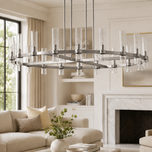 Ravello Round Glass Cylinder Chandelier in Nickel, Clear, 60", Main Light Off