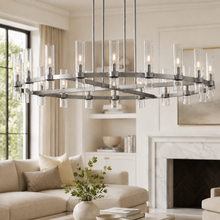 Ravello Round Glass Cylinder Chandelier in Nickel, Clear, 60", Main Light On