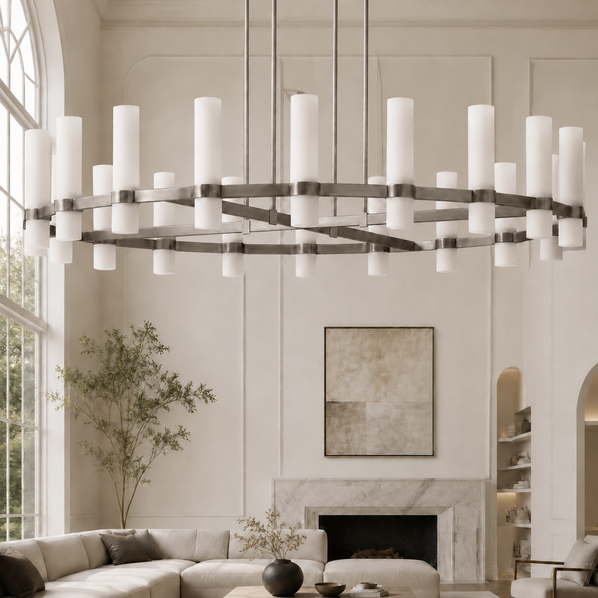 Ravello Round Glass Cylinder Chandelier in Nickel, Milk, 60", Main Light Off