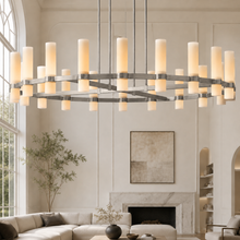 Ravello Round Glass Cylinder Chandelier in Nickel, Milk, 60", Main Light On