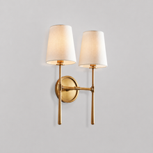 13" Rhodes Fabric Wall Light with Brass Finish, Light On