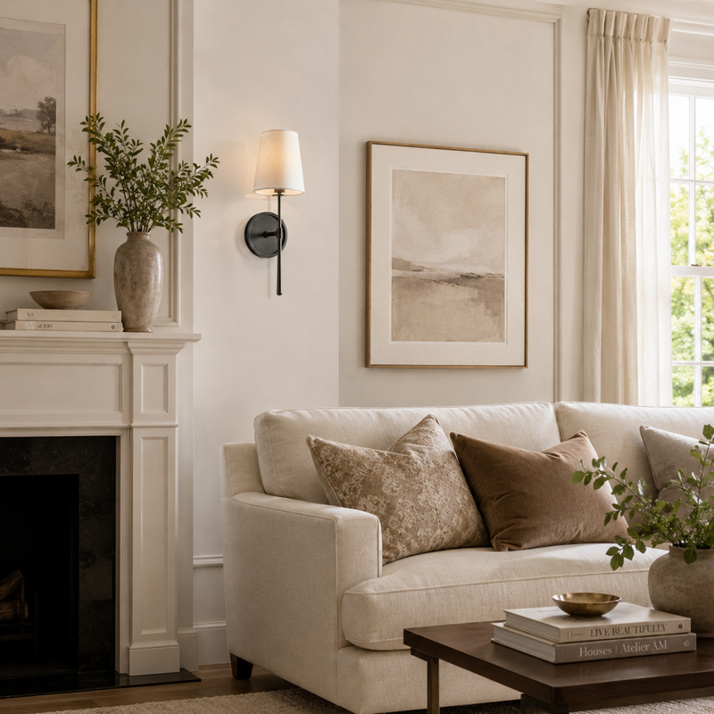 5.5" Rhodes Fabric Wall Light with Bronze Finish in a Living Room