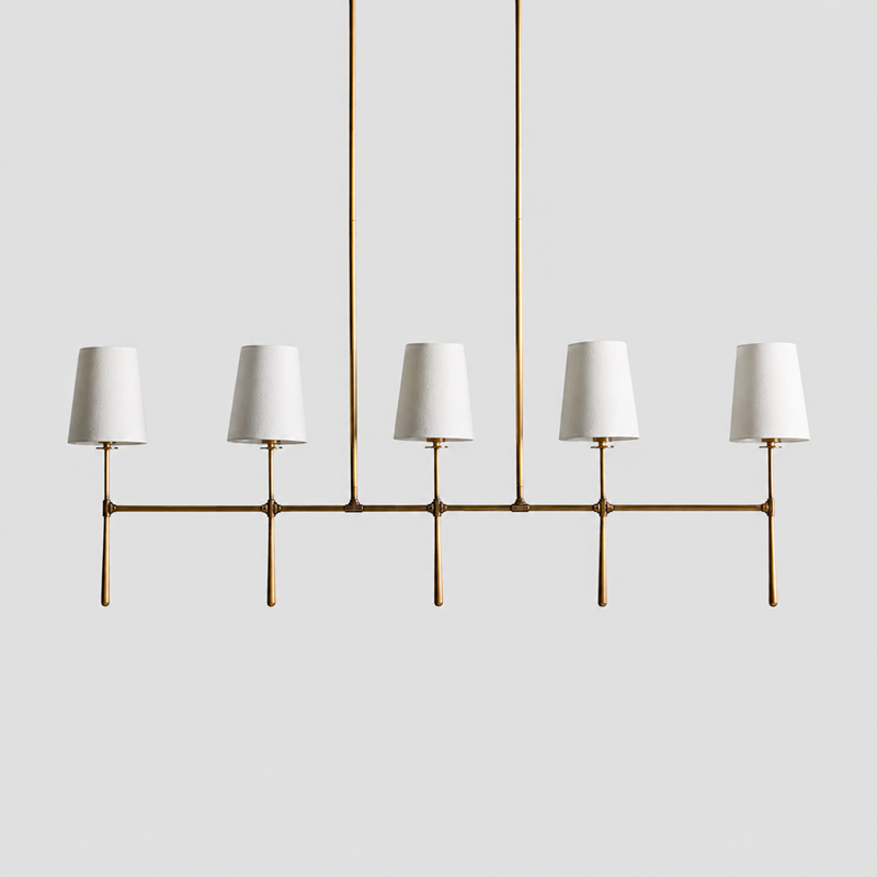 50" Rhodes Linear Fabric Chandelier with Brass Finish, Main Light Off