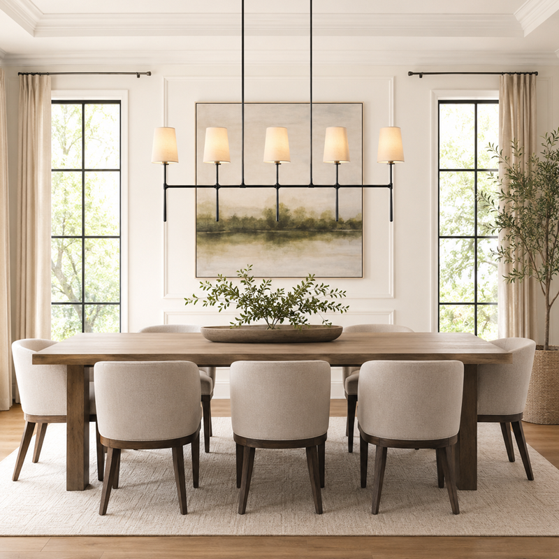 50" Rhodes Linear Fabric Chandelier with Bronze Finish, Dining Room