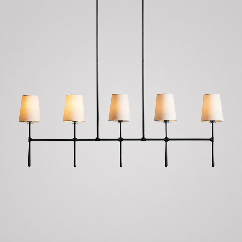 Rhodes Linear Fabric Chandelier, 50-inch bronze linen fabric shade chandelier for rectangular dining table, kitchen island, transitional dining room, and warm ambient lighting