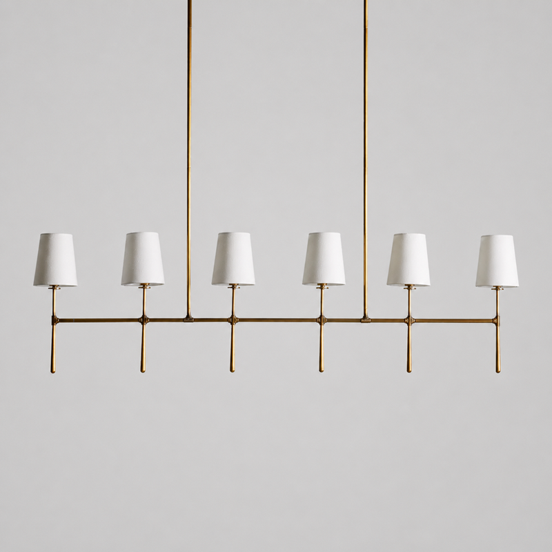 61" Rhodes Linear Fabric Chandelier with Brass Finish, Main Light Off
