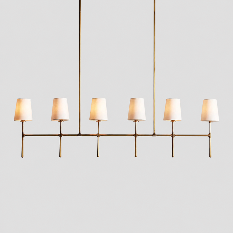 Rhodes Linear Fabric Chandelier, 61-inch brass linen shade large chandelier for long dining table, large kitchen island, spacious dining room, and modern classic interiors