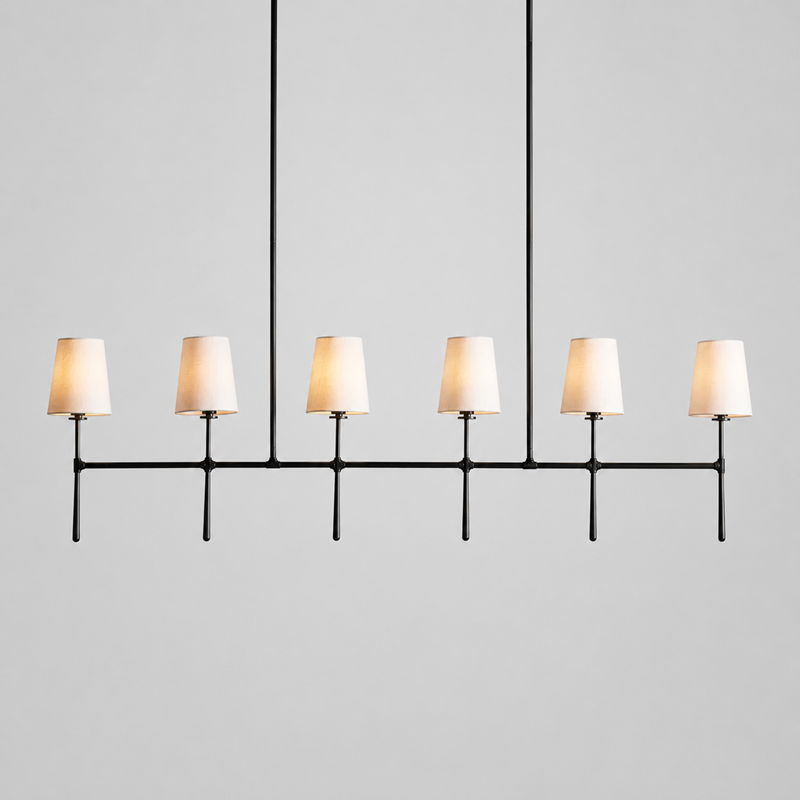 Rhodes Linear Fabric Chandelier, 61-inch bronze linen shade chandelier for rectangular dining table, long kitchen island, open-plan space, and transitional statement lighting