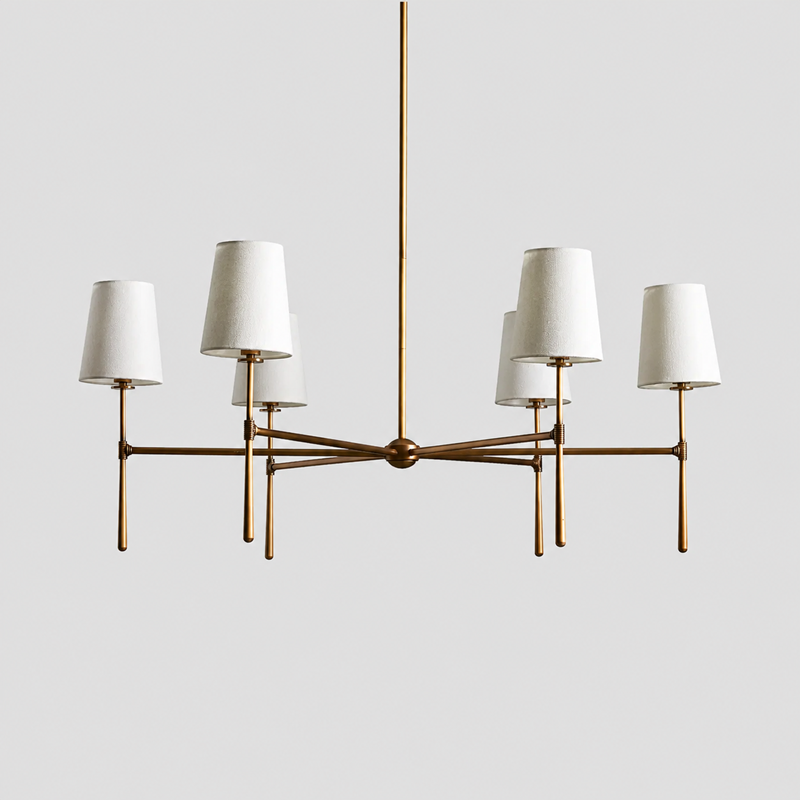 42" Rhodes Round Fabric Chandelier with Brass Finish, Main Light Off