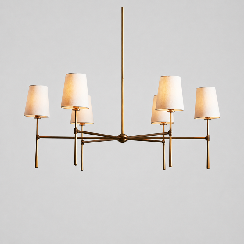 42" Rhodes Round Fabric Chandelier with Brass Finish, Main Light On