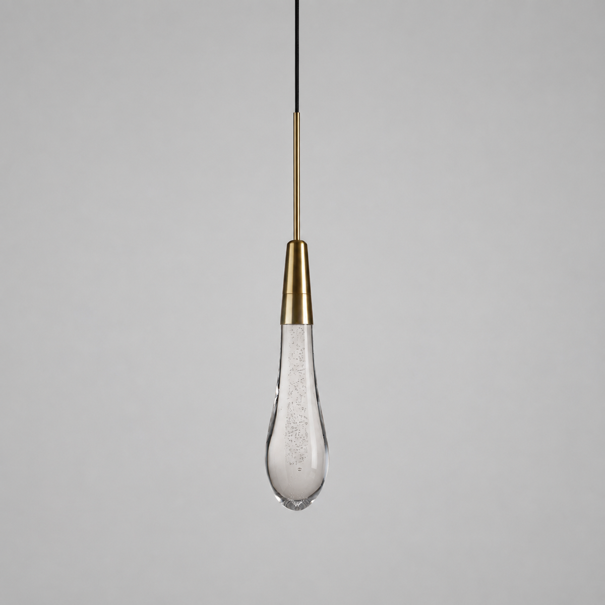 Soltaire Bubble Glass Raindrop Pendant in Brass, 5", Main Light Off