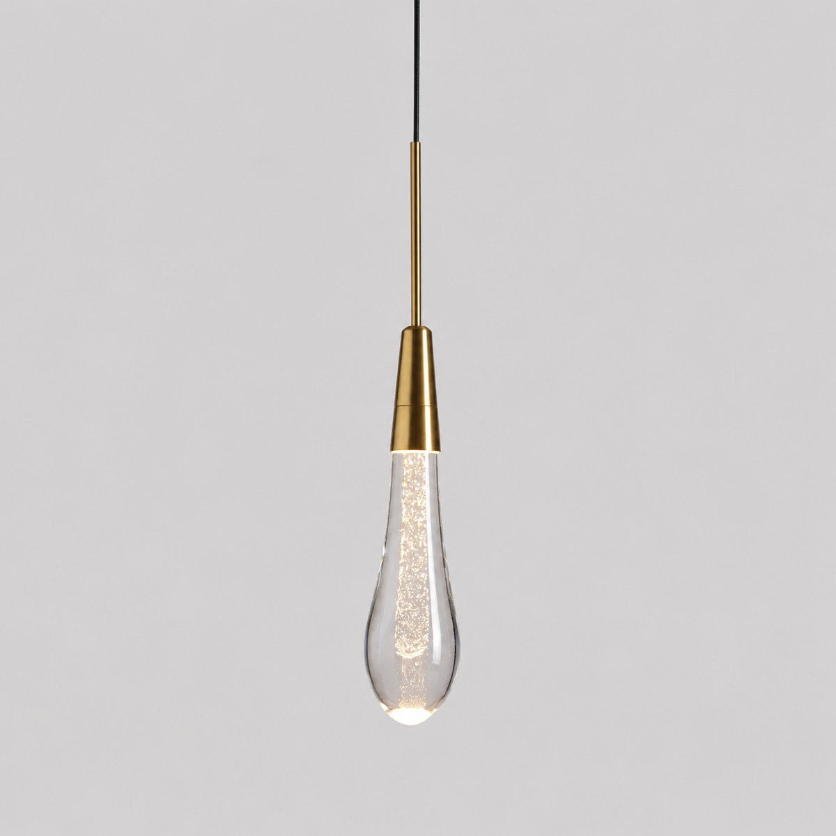 Soltaire Bubble Glass Raindrop Pendant in Brass, 5", Main Light On