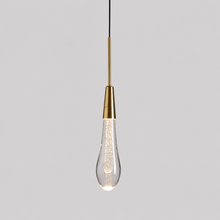 Soltaire Bubble Glass Raindrop Pendant in Brass, 5", Main Light On
