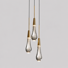 Soltaire Bubble Glass Raindrop Pendant in Brass, 6", Main Light On