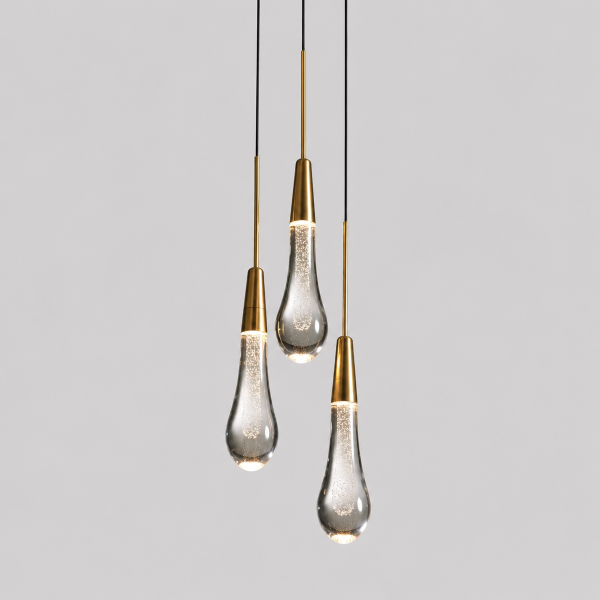 Soltaire Bubble Glass Raindrop Pendant in Brass, 6", Main Light On
