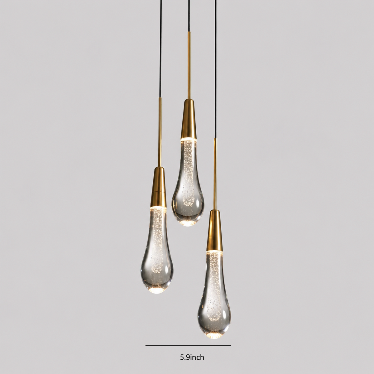 Soltaire Bubble Glass Raindrop Pendant in Brass, 6"