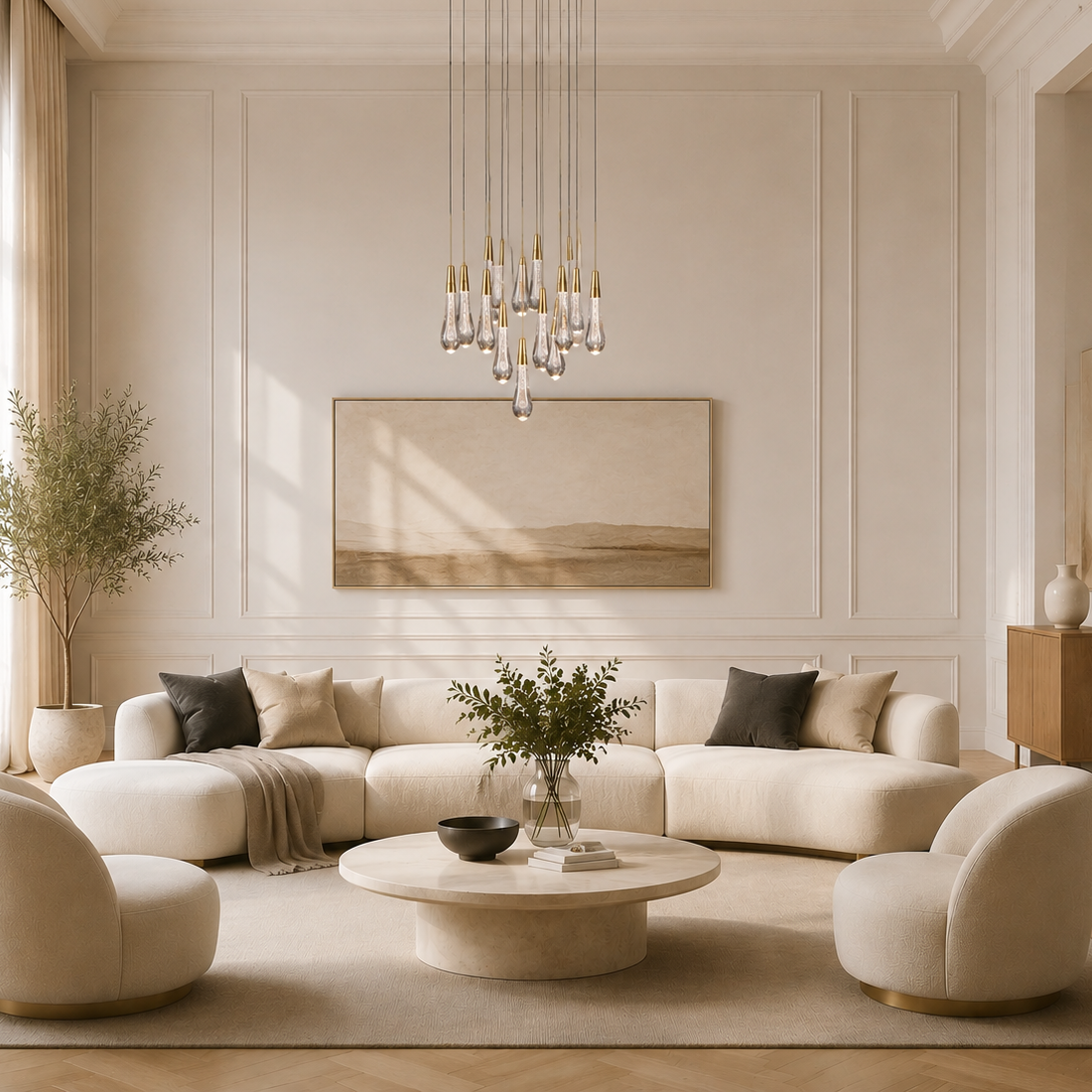 Soltaire Bubble Glass Raindrop Round Chandelier in Brass, 17", Living Room