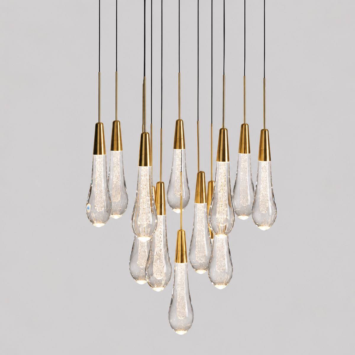 Soltaire Round Bubble Glass Raindrop Chandelier, 17-inch brass modern chandelier for bedroom, small dining room, breakfast nook, and contemporary interior