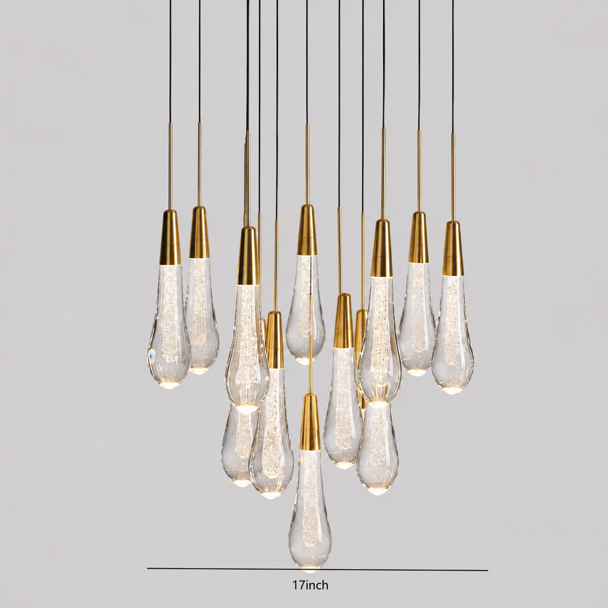 Soltaire Bubble Glass Raindrop Round Chandelier in Brass, 17",