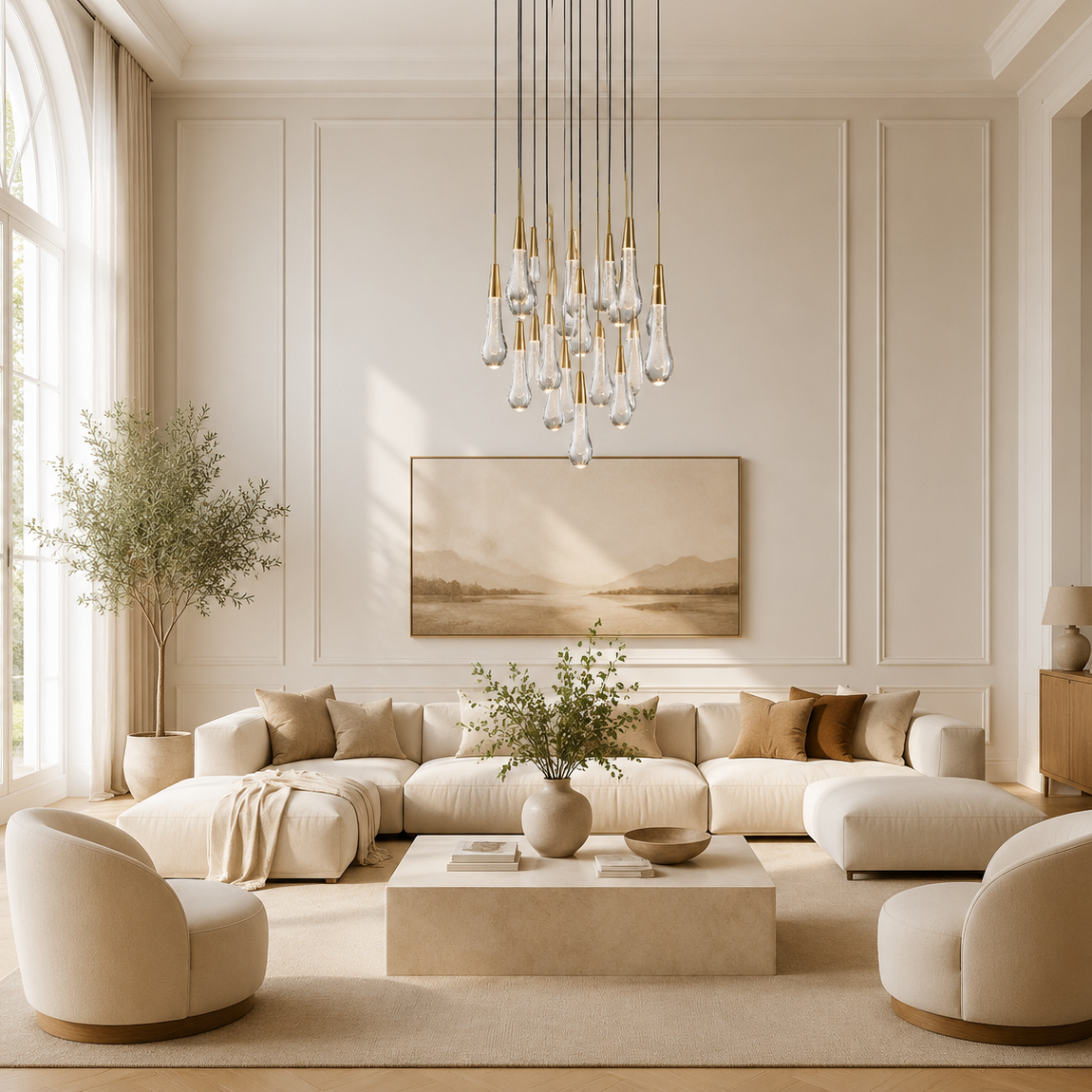 Soltaire Bubble Glass Raindrop Round Chandelier in Brass, 24", Living Room