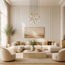 Soltaire Bubble Glass Raindrop Round Chandelier in Brass, 24", Living Room