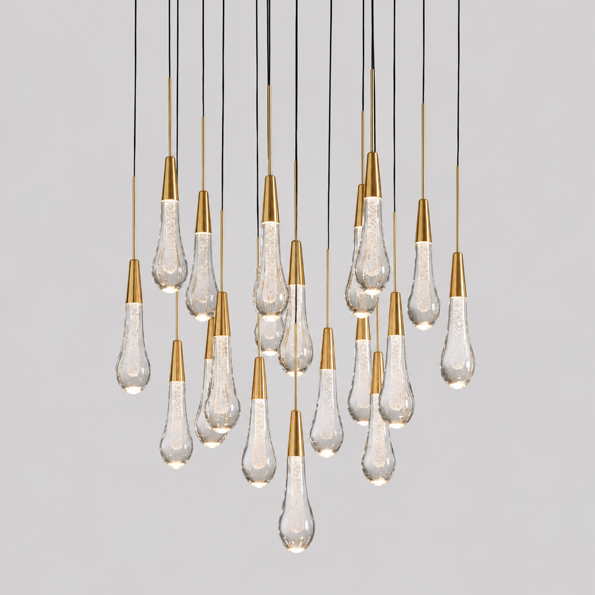 Soltaire Round Bubble Glass Raindrop Chandelier, 24-inch brass modern glass chandelier for dining room, bedroom, foyer, and round dining table