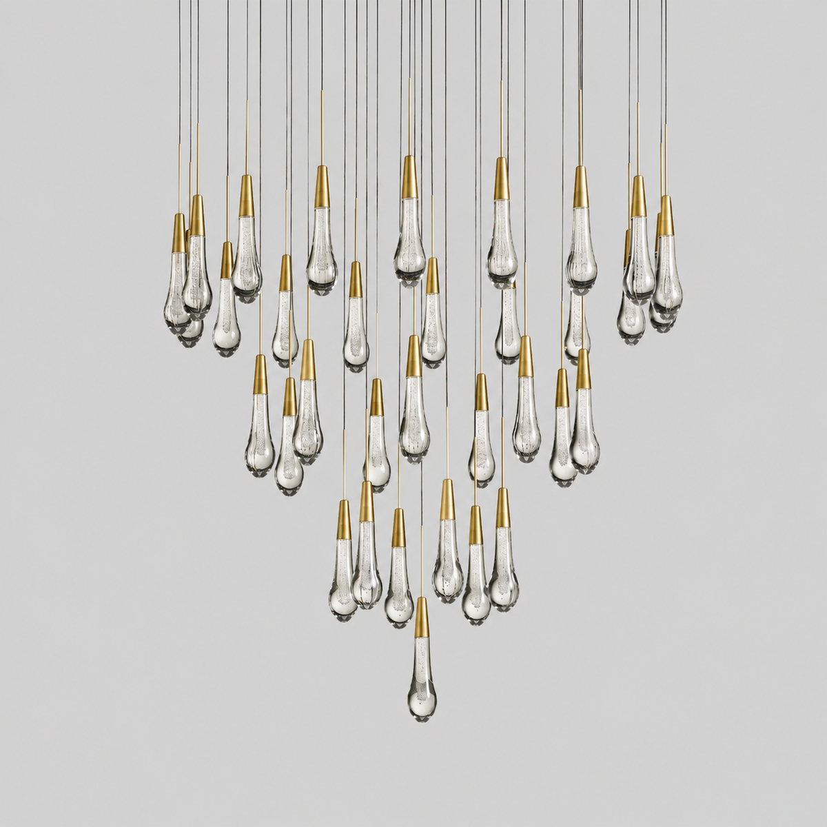Soltaire Bubble Glass Raindrop Round Chandelier in Brass, 36", Main Light Off