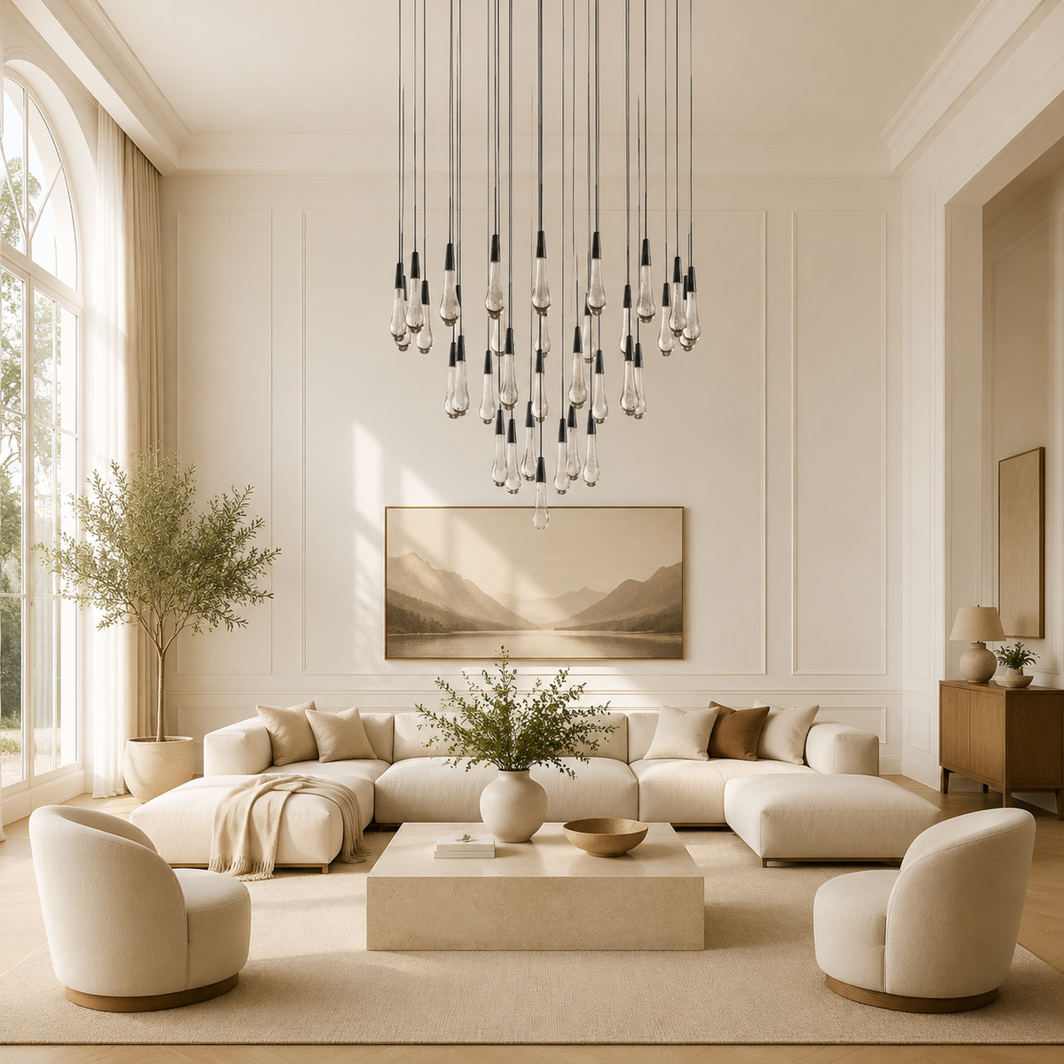 Soltaire Bubble Glass Raindrop Round Chandelier in Bronze, 36", Living Room