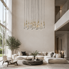 Soltaire Bubble Glass Raindrop Round Chandelier in Brass, 48", Living Room