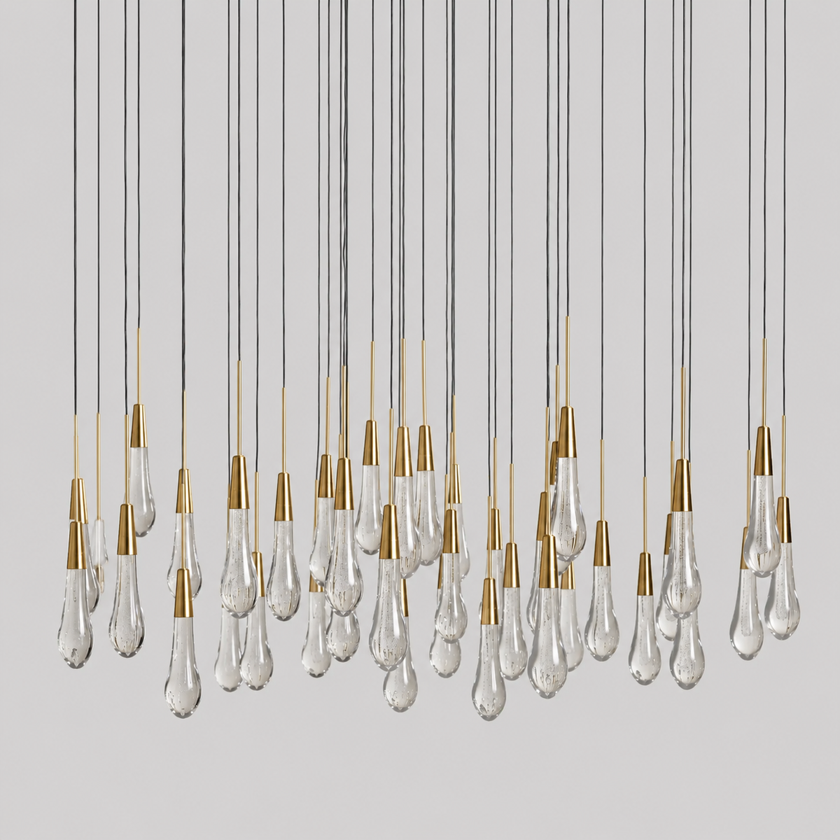 Soltaire Bubble Glass Raindrop Round Chandelier in Brass, 48", Main Light Off