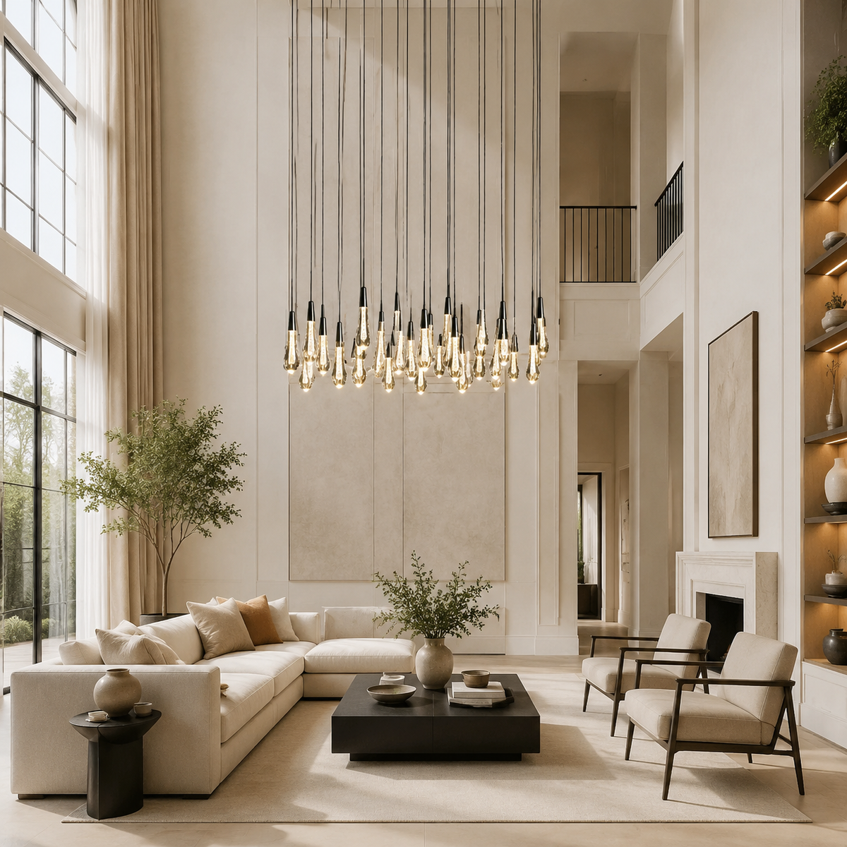 Soltaire Bubble Glass Raindrop Round Chandelier in Bronze, 48", Living Room