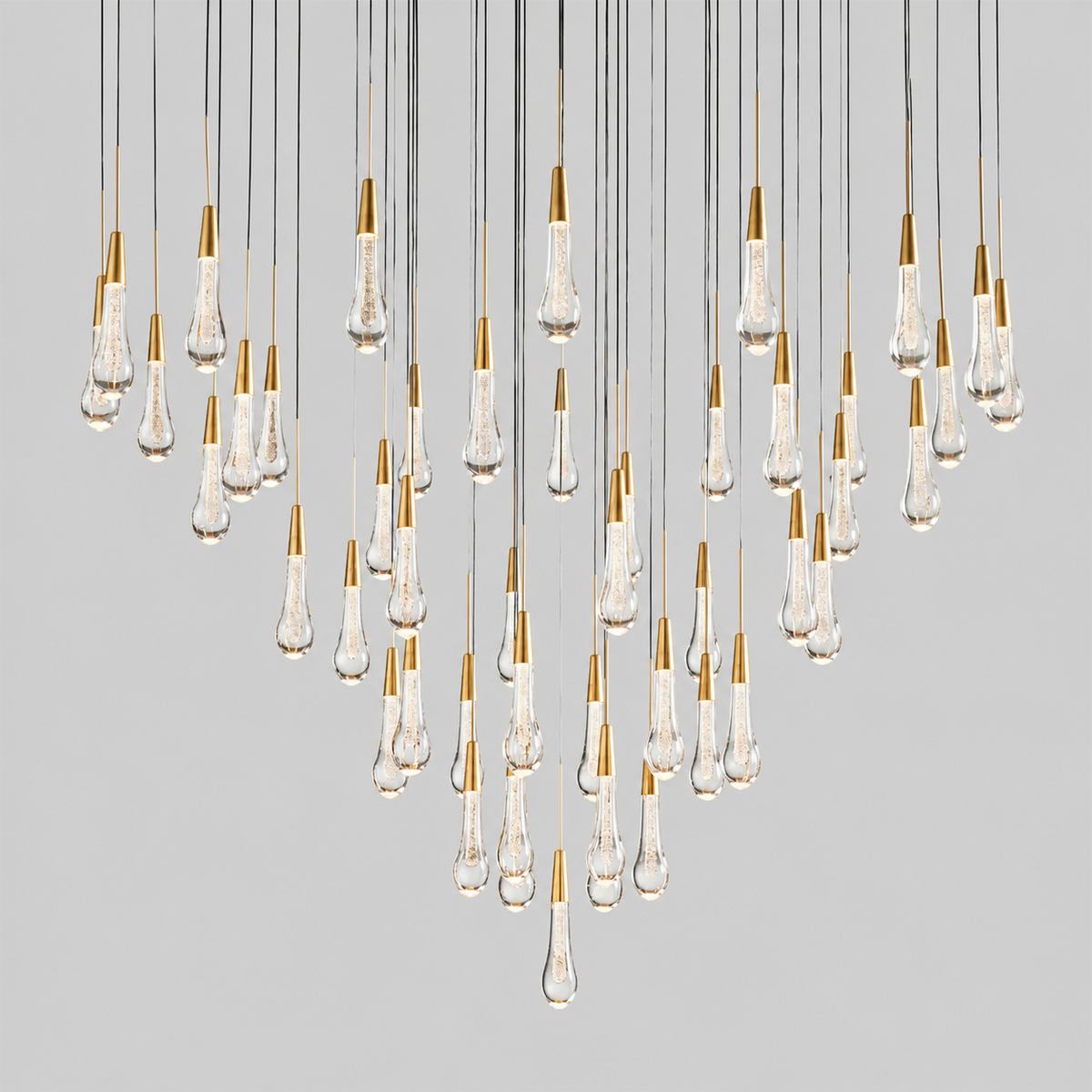 Soltaire Round Bubble Glass Raindrop Chandelier, 58-inch brass large statement chandelier for grand foyer, great room, large dining room, and double-height interior