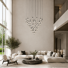 Soltaire Bubble Glass Raindrop Round Chandelier in Bronze, 58", Living Room