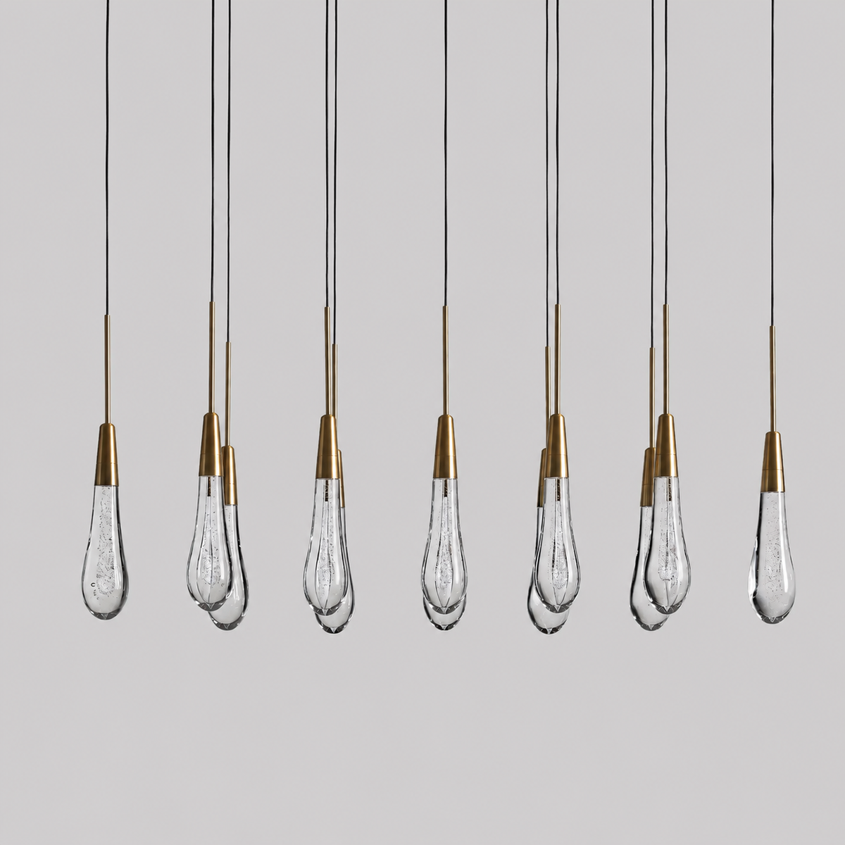 Soltaire Bubble Glass Raindrop Square Chandelier in Brass, 37", Main Light Off