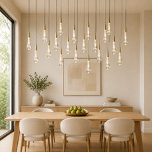 Soltaire Bubble Glass Raindrop Square Chandelier in Brass, 50", Living Room