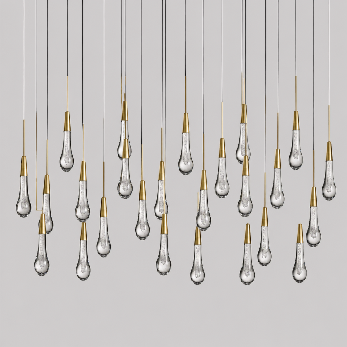 Soltaire Bubble Glass Raindrop Square Chandelier in Brass, 50", Main Light Off