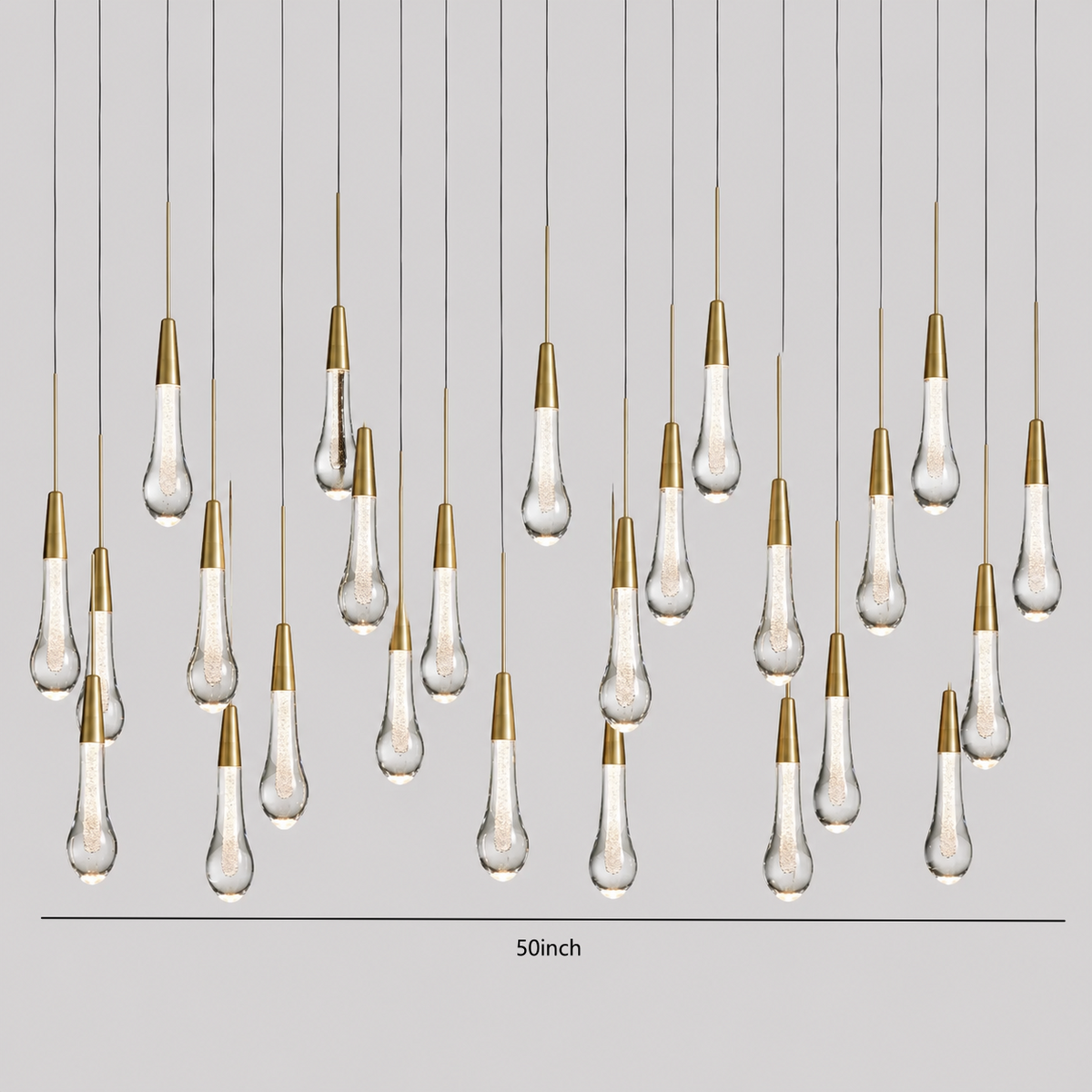 Soltaire Bubble Glass Raindrop Square Chandelier in Brass, 50"