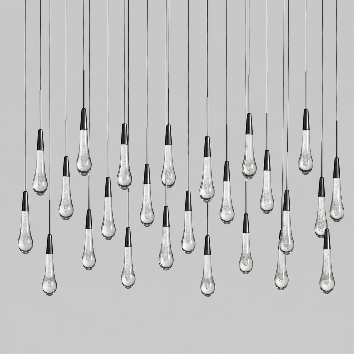 Soltaire Bubble Glass Raindrop Square Chandelier in Bronze, 50", Main Light Off