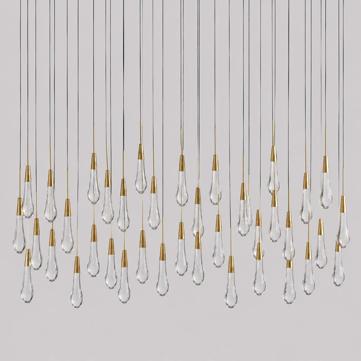 Soltaire Bubble Glass Raindrop Square Chandelier in Brass, 60", Main Light Off