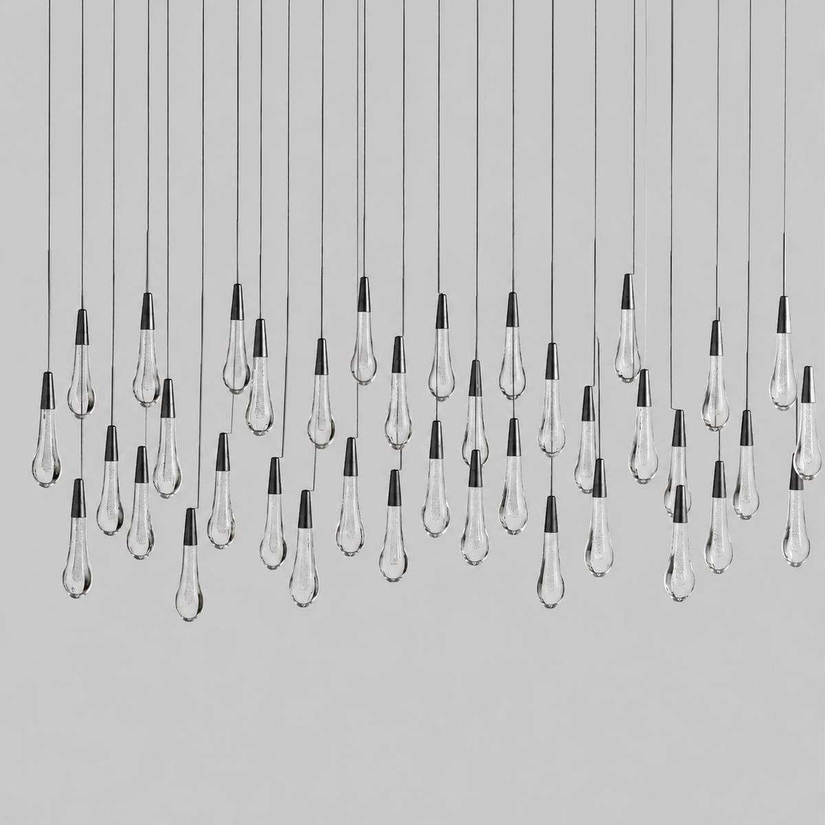 Soltaire Bubble Glass Raindrop Square Chandelier in Bronze, 60", Main Light Off