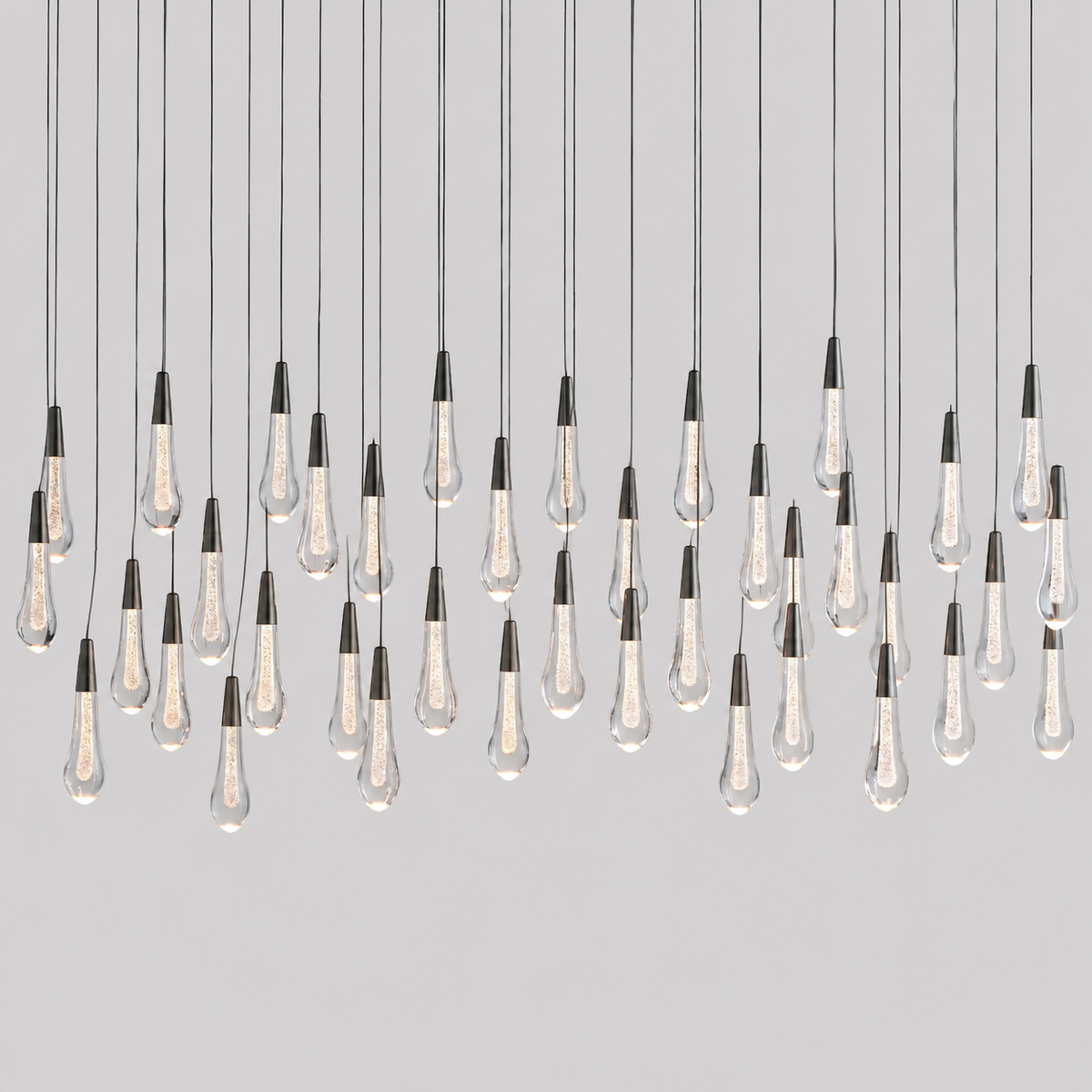 Soltaire Linear Bubble Glass Raindrop Chandelier, 60-inch bronze linear glass chandelier for large dining room, long kitchen island, open-plan space, and modern interior