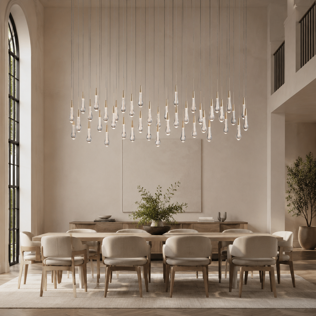 Soltaire Bubble Glass Raindrop Square Chandelier in Brass, 70", Living Room