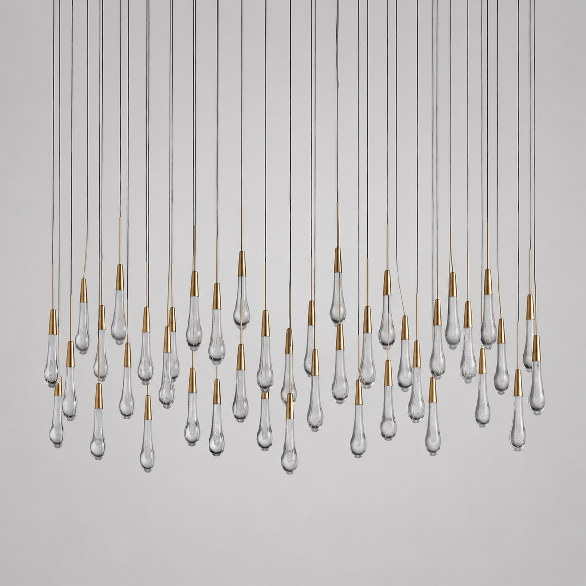 Soltaire Bubble Glass Raindrop Square Chandelier in Brass, 70", Main Light Off