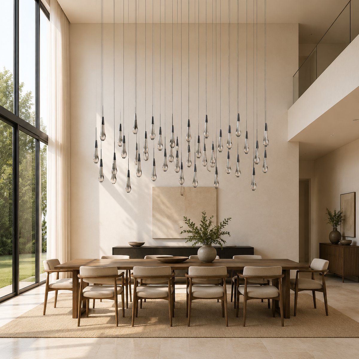 Soltaire Bubble Glass Raindrop Square Chandelier in Bronze, 70", Living Room