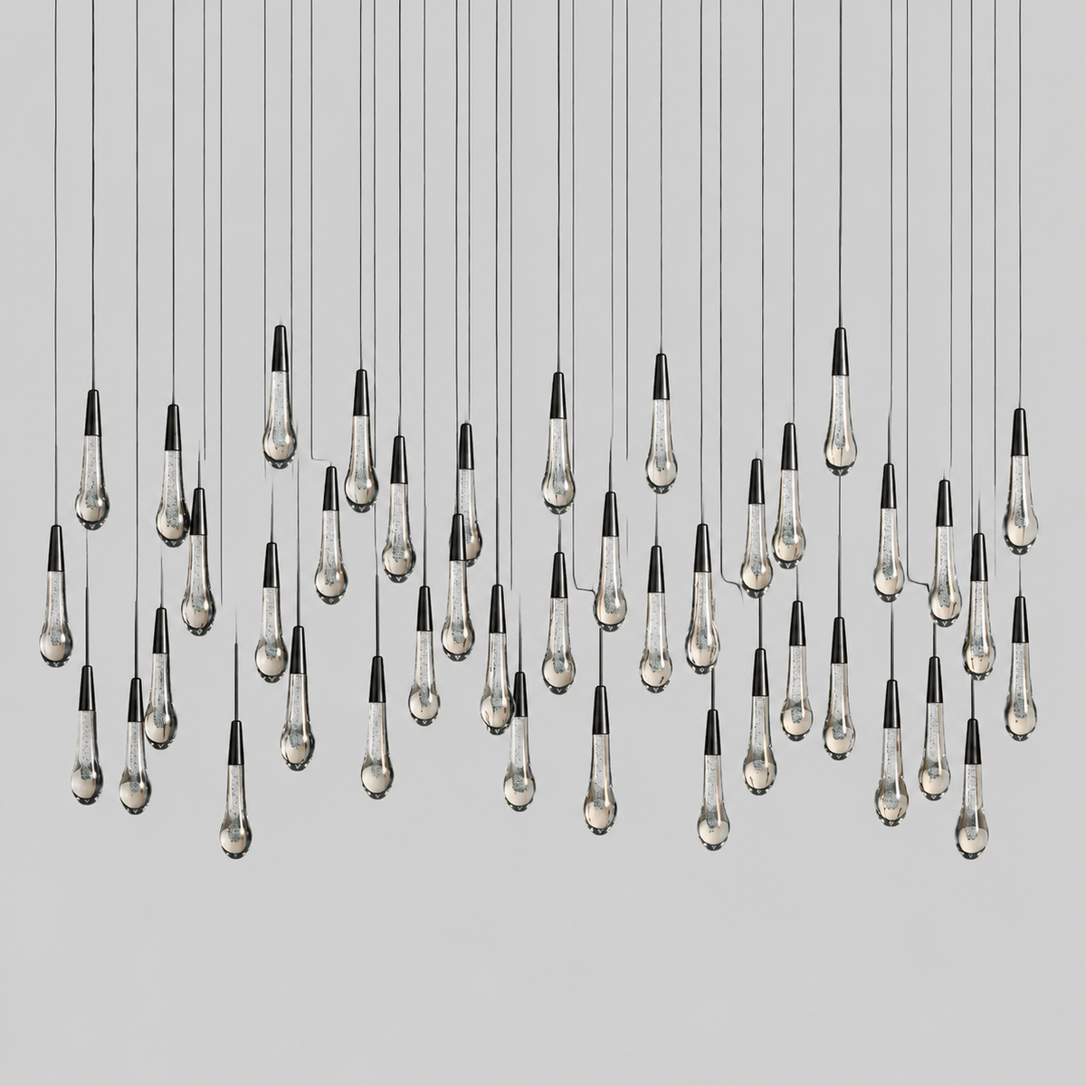 Soltaire Bubble Glass Raindrop Square Chandelier in Bronze, 70", Main Light Off
