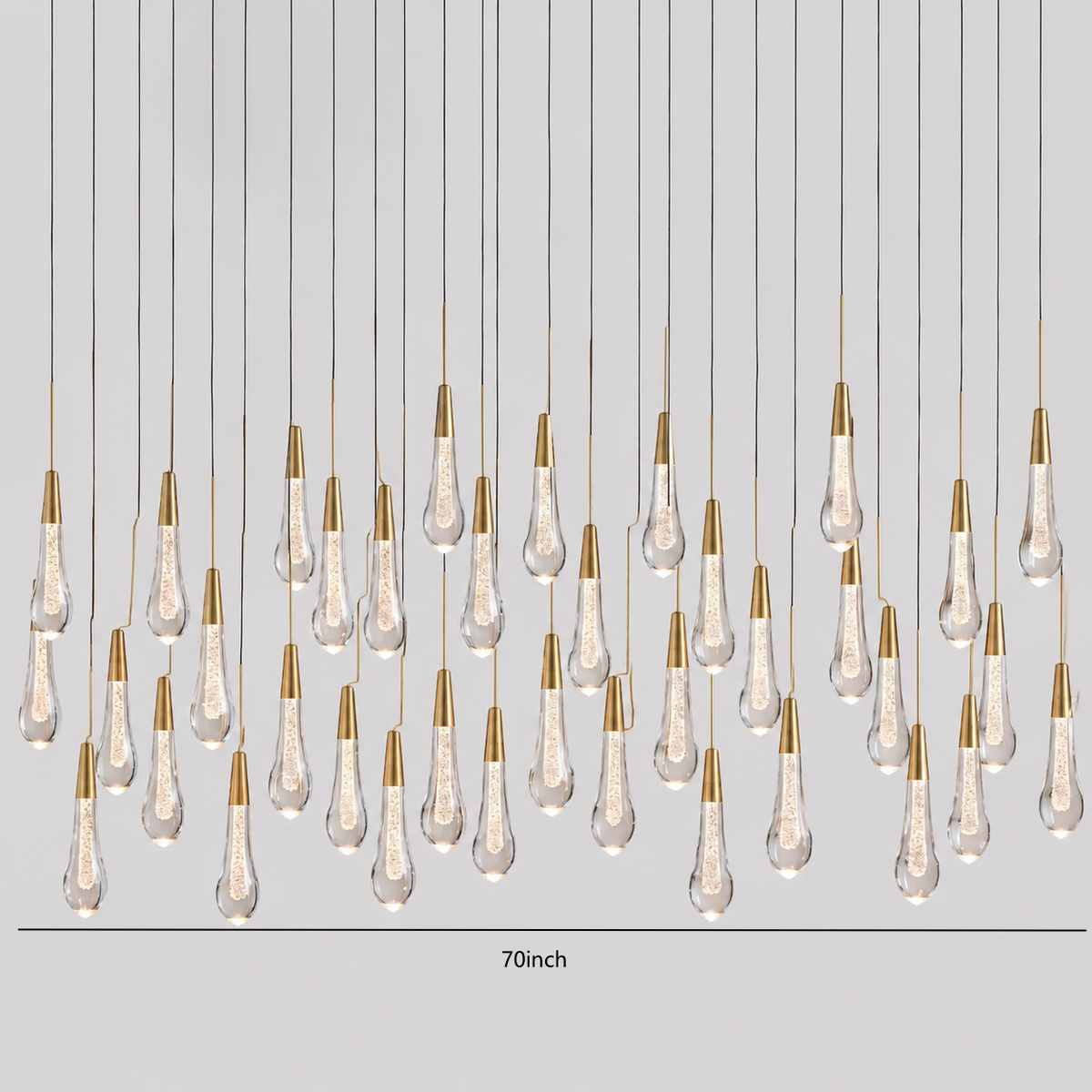 Soltaire Bubble Glass Raindrop Square Chandelier in Brass, 70"