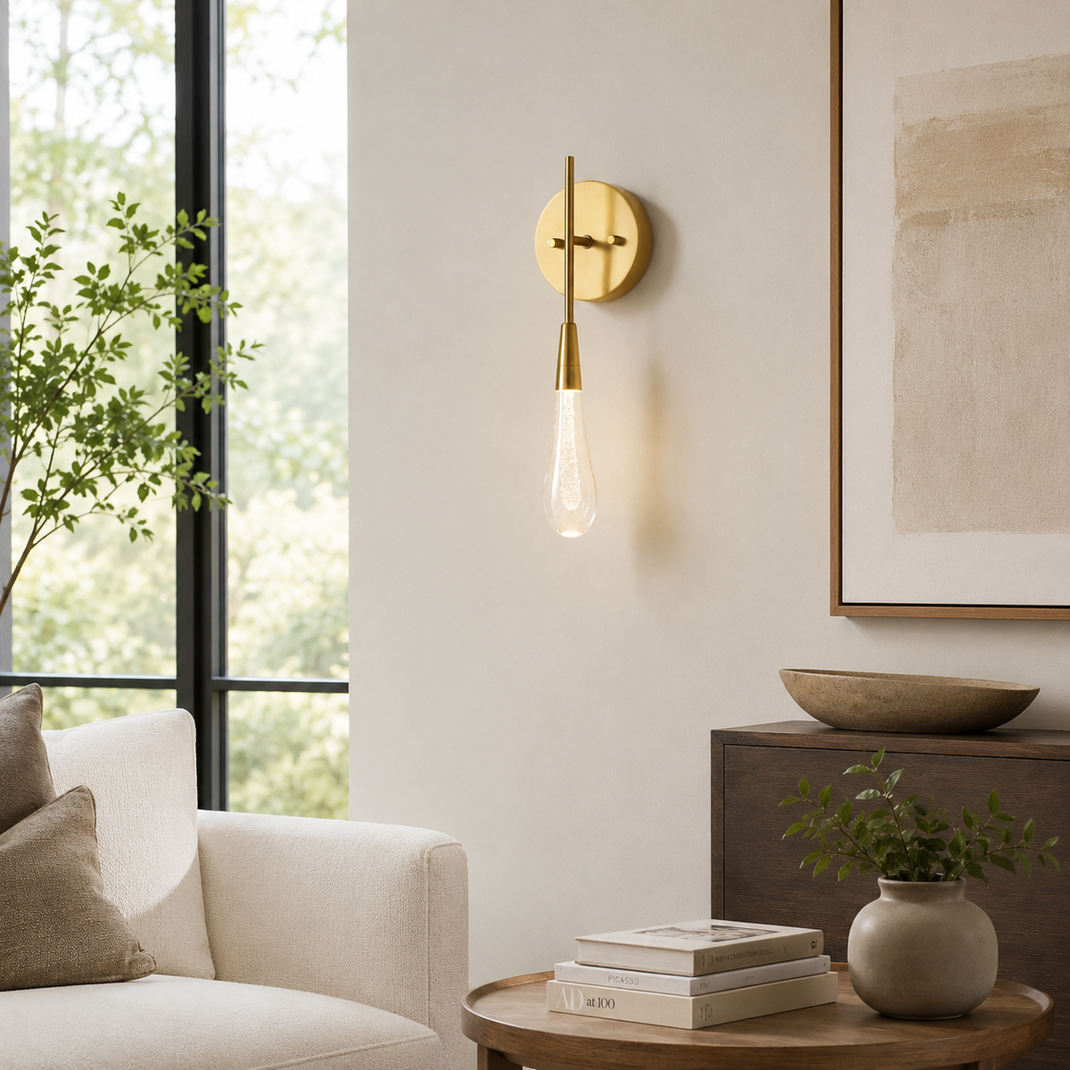 Soltaire Bubble Glass Raindrop Wall Lighting in Brass, 15", Living Room