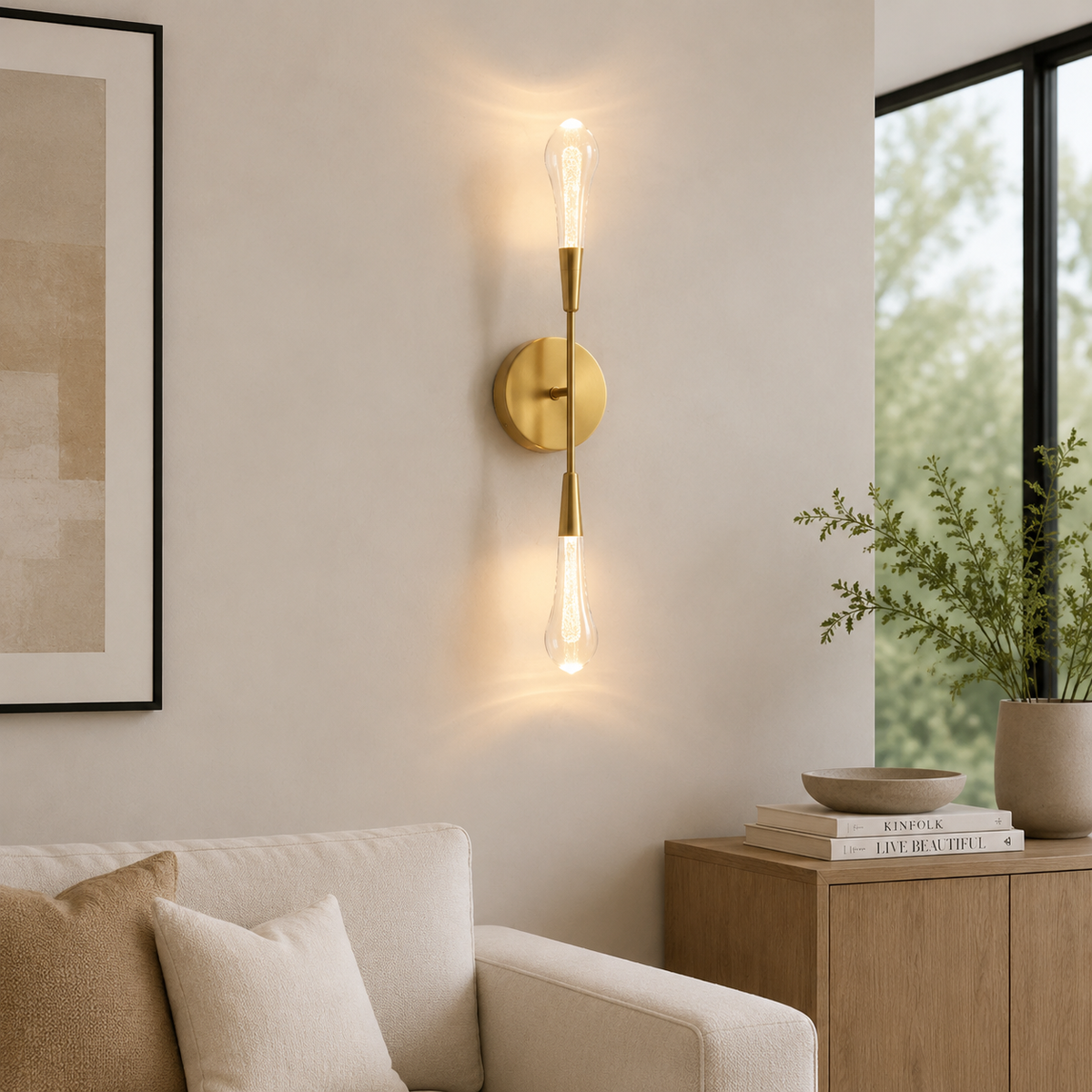 Soltaire Bubble Glass Raindrop Wall Lighting in Brass, 24", Living Room